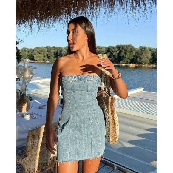 Zara DENIM BANDEAU DRESS  Size Large - Picture 6 of 10